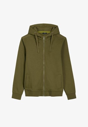 Bluza z kapturem w oliwkowej zieleni z zamkiem błyskawicznym, sznurkami, dwoma przednimi kieszeniami, ściągaczami na rękawach i u dołu, zaprojektowana do codziennego użytku.