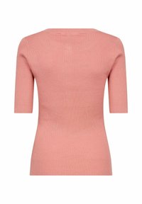 Pink ribbed knit top with a rounded neckline and short sleeves, featuring a fitted silhouette and smooth texture.