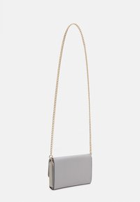 Gray leather crossbody bag with a gold chain strap, rectangular shape, smooth texture, and zippered compartment on the side.