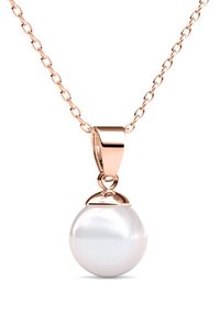 Halskette aus Roségold mit einem runden weißen Perlenanhänger, glatter Oberfläche und einfachem Verschlussdesign. Die Kettenglieder sind zart und gleichmäßig spaced.