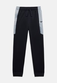 Μαύρο αθλητικό παντελόνι με γκρι πλευρικά πάνελ, ελαστική μέση με κορδόνι, πλαϊνές τσέπες και λογότυπο της Nike στο δεξί μηρό.