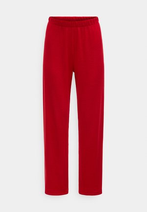 Κόκκινο πλεκτό παντελόνι με ριγέ ύφανση και ίσιο πόδι, με ελαστική μέση, απεικονίζεται επίπεδο σε λευκό φόντο.