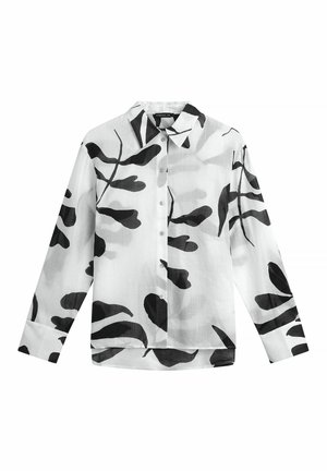 Wit overhemd met lange mouwen en knopen, bedrukt met zwarte abstracte bladpatronen, met puntige kraag en afgeronde zoom.