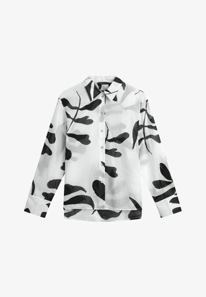 Wit overhemd met lange mouwen en knopen, bedrukt met zwarte abstracte bladpatronen, met puntige kraag en afgeronde zoom.