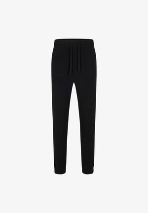 Czarne spodnie dresowe z miękkiego materiału, z elastycznym pasem i sznurkiem, zwężane nogawki, bez widocznych wzorów ani akcentów.