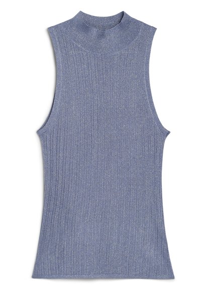 Sleeveless ribbed top in a light blue hue, featuring a high neck and a subtle shimmer. Material appears soft with a thin, textured design.