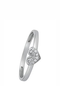 Bague en argent avec un design en forme de cœur orné de petits bijoux ronds et scintillants. Surface lisse avec une finition polie.