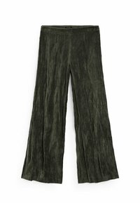 Weite Hosen aus strukturiertem olivgrünem Stoff, mit einem glatten Bund und einem fließenden Design. Keine sichtbaren Taschen oder Verzierungen.