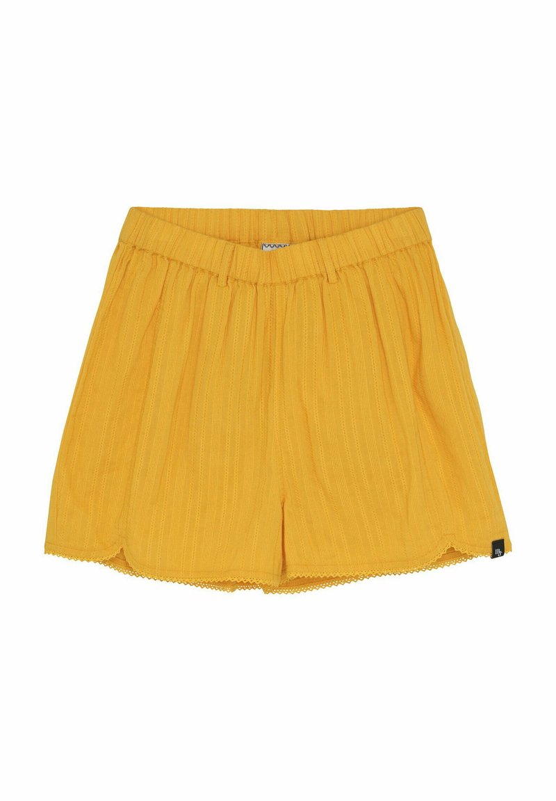 Pantaloni corti di cotone giallo con design plissettato, cintura elastica, orlo scallopato e piccola etichetta nera di lato. Tessuto strutturato a coste.