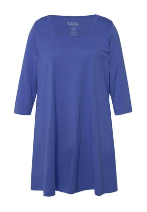 Blauwe katoenen tuniek met een vierkante halslijn en driekwartmouwen. Vloeiende uitstraling, zachte textuur en een relaxed fit.