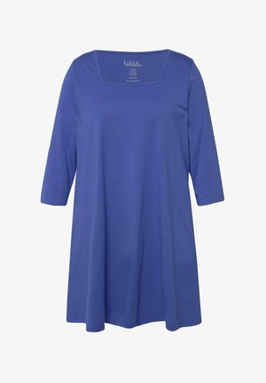 Tunique en coton bleu avec un décolleté carré et des manches trois-quarts. Design fluide, texture lisse et coupe décontractée.