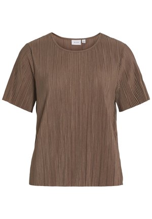 Barna rövid ujjú bordázott kötött felső környakrésszel és finom, függőleges textúra részletekkel.