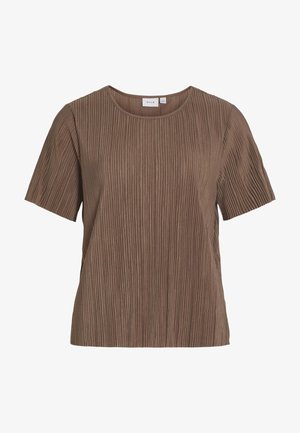 Barna rövid ujjú bordázott kötött felső környakrésszel és finom, függőleges textúra részletekkel.