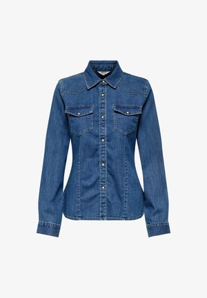 Jeansskjorta i mörkblått med spetsig krage, två bröstfickor med knapplock, och knappstängning fram, strukturerad tyg och långa ärmar.