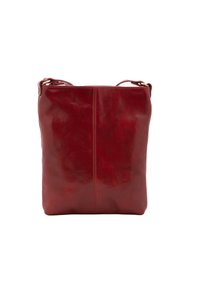 Borsa a tracolla rossa in pelle con texture liscia, forma rettangolare e una cucitura centrale. Presenta una tracolla sottile e finiture in tono oro.