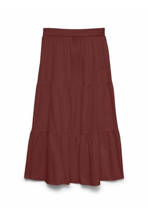 Keskmise pikkusega burgundia toonis kihiline seelik elastse vöökohaga, voolava kangaga ja kolme kogutud horisontaalse paneeliga.