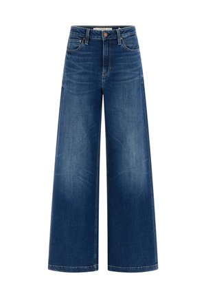 Jeansy o szerokich nogawkach w ciemnoniebieskim deninie, z wysokim stanem, pięciopunktowym wzorem oraz subtelnymi detalami wyblaknięcia z przodu.