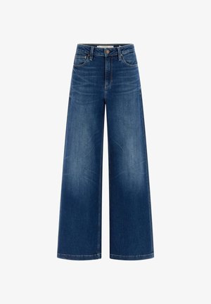 Jeansy o szerokich nogawkach w ciemnoniebieskim deninie, z wysokim stanem, pięciopunktowym wzorem oraz subtelnymi detalami wyblaknięcia z przodu.