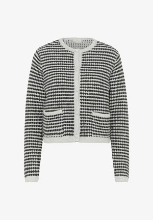 Čierno-biely pletený kardigán s bodkovaným vzorom, okrúhlym výstrihom, zapínaním na gombík a dvoma prednými vreckami. Mäkkučká, textúrovaná látka.