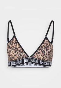 Bralet din material cu imprimeu leopard, cu bretele subțiri ajustabile de culoare neagră și bandă elastică neagră pe care este repetat logo-ul alb "justcavalli".