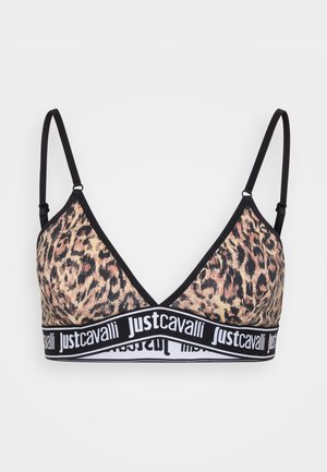 Bralette em estampado de leopardo com finas alças pretas ajustáveis e faixa elástica preta com o logo branco "justcavalli" repetido.