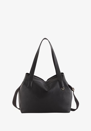 Black leather tote bag with textured surface, two sturdy handles, and an adjustable woven strap. Features a slouchy, curved top design.