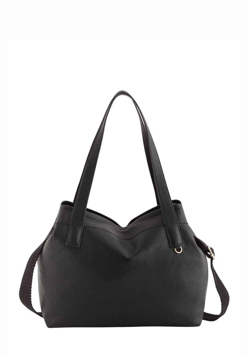 Sac cabas en cuir noir avec surface texturée, deux poignées solides et une bandoulière tissée réglable. Présente un design souple avec un dessus incurvé.