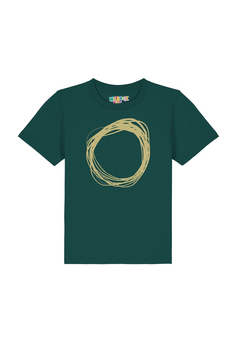 Teal katoenen t-shirt met een beige cirkelvormig lijnontwerp aan de voorkant. Korte mouwen en een klassieke ronde hals.