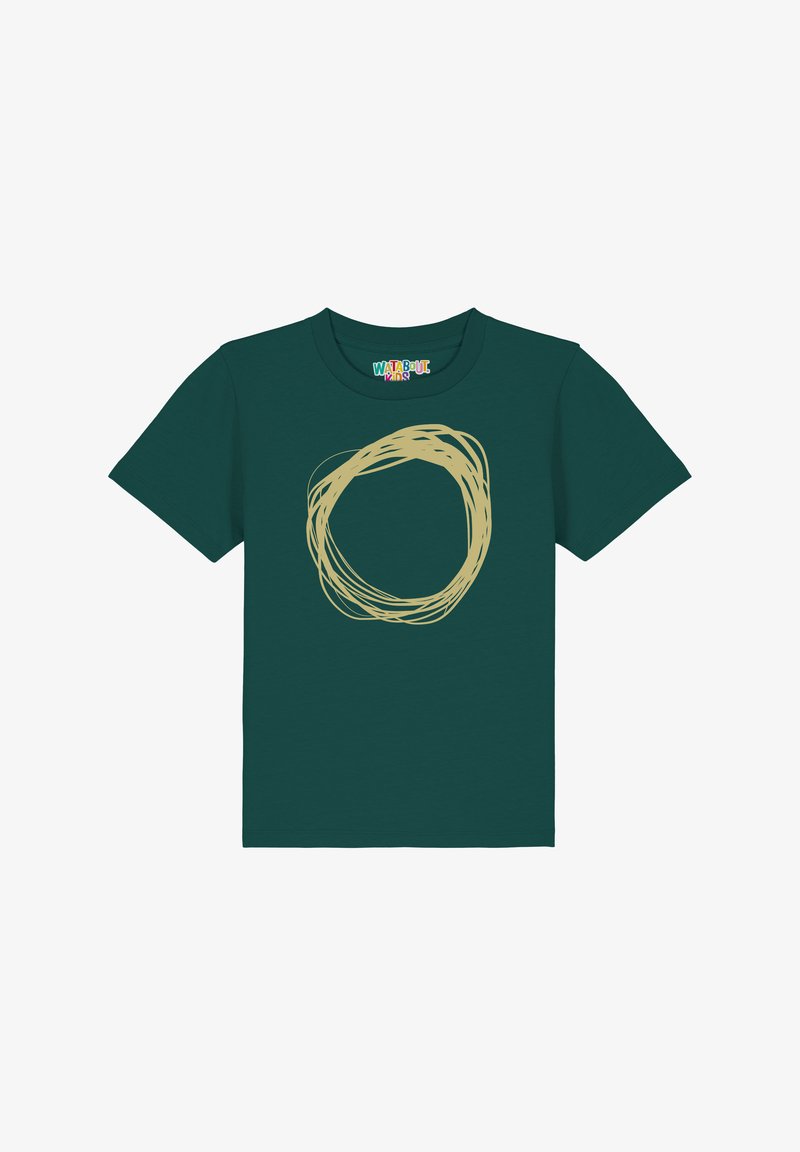 Teal katoenen t-shirt met een beige cirkelvormig lijnontwerp aan de voorkant. Korte mouwen en een klassieke ronde hals.