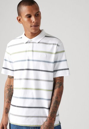 White polo shirt featuring horizontal stripes in green, blue, black, and grey. Two buttons, embroidered logo on the chest, cotton material.