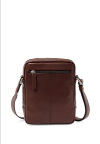 Braune Leder-Umhängetasche mit verstellbarem Riemen, einer vorderen Reißverschlusstasche, glatter Textur, rechteckiger Form und minimalen Hardware-Akzenten.