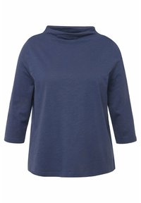 Navy blue, long-sleeve top with a relaxed fit and cowl neckline. Smooth cotton material with no visible patterns or embellishments.