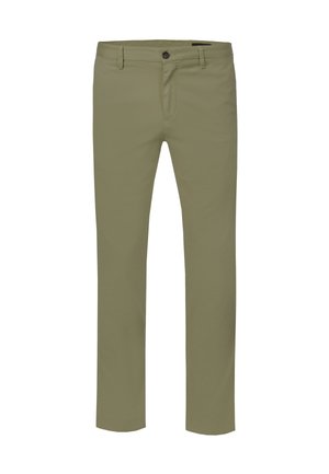 Herren Khaki-Hose mit geradem Bein, Knopf- und Reißverschluss, Gürtelschlaufen und Seitentaschen, von vorne auf weißem Hintergrund dargestellt.