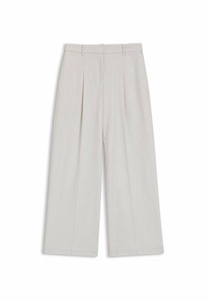 Pantaloni grigi chiari a gamba larga con pieghe frontali, vita sartoriale e orlo pulito. Realizzati in un tessuto leggero e liscio.