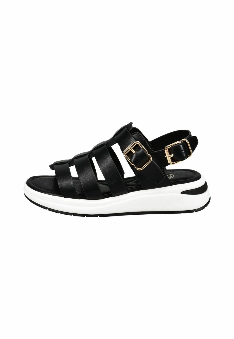 Black leather sandals with three wide straps, a buckle accent, and a white cushioned sole featuring a textured black bottom.