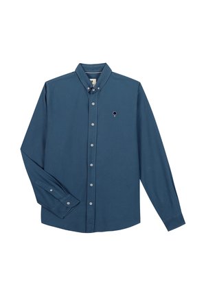 Long-sleeve teal button-up shirt with a small dark tree emblem on the left chest, buttoned collar, and buttoned cuffs.