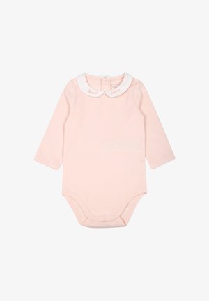 Body rosa chiaro a maniche lunghe con colletto Peter Pan bianco, dotato di bottoni a pressione nella parte inferiore e dettagli ricamati sul colletto.