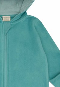 Türkise Zip-Jacke mit Kapuze aus weichem, plüschigem Material, mit gestreiftem Futter in der Kapuze. Hat lange Ärmel und einen hohen Kragen.
