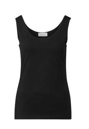 Top aderente senza maniche di colore nero con scollatura a girocollo e una piccola etichetta bianca del marchio all'interno del colletto.