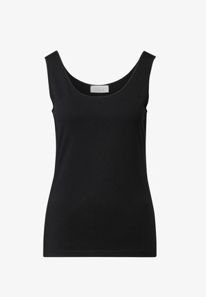 Sort ærmeløs tætsiddende tanktop med scoop halsudskæring og et lille hvidt mærke indeni halsudskæringen.