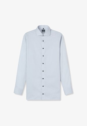 Lichtblauw shirt met lange mouwen van gladde stof, voorzien van een spitse kraag en zwarte knopen. Rechte pasvorm met knoopmanchetten.