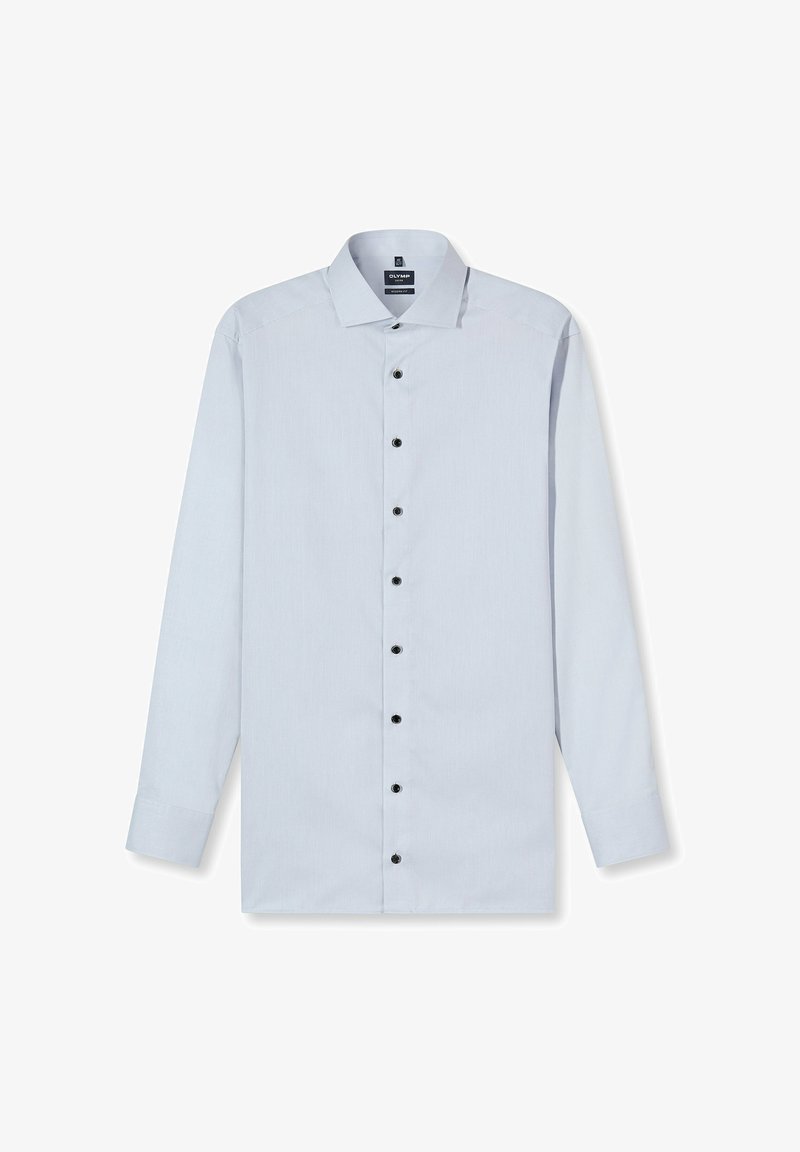 Hellblaues Langarmhemd aus glattem Stoff, mit spitzem Kragen und schwarzen Knöpfen. Gerader Schnitt mit geknöpften Manschetten.