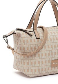 Borsa a tracolla a motivo beige in materiale texturizzato, con manici superiori doppi, tracolla staccabile e una placca con logo metallico su un lato.
