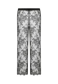 Kanten broek met een zwart bloemenpatroon op een doorschijnende witte achtergrond, met een elastische tailleband en geschulpte zoom.