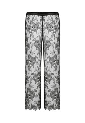 Pantaloni in pizzo con un motivo floreale nero su uno sfondo bianco trasparente, con vita elastica e orli a scallop.