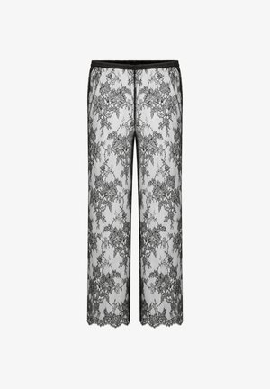 Pantaloni in pizzo con un motivo floreale nero su uno sfondo bianco trasparente, con vita elastica e orli a scallop.