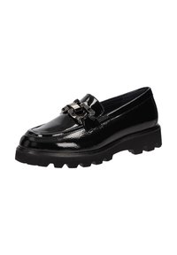 Schwarze Lackleder Loafer mit einer massiven Sohle und einer dekorativen metallischen Schnalle über dem Spann. Glänzende Oberfläche und strukturierte Details im Obermaterial.