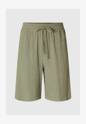 Light green, linen blend shorts with an elastic waistband and adjustable drawstring. Simple design, knee-length cut. Soft texture.