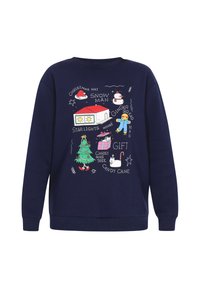 Sudadera azul marino con gráficos navideños divertidos, que incluyen un muñeco de nieve, una casa de jengibre y un árbol de Navidad en colores vibrantes.