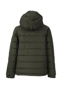Olivgrön pufferjacka med horisontella sömmar, huva och elastiska muddar. Har ett slätt, texturerat tyg.